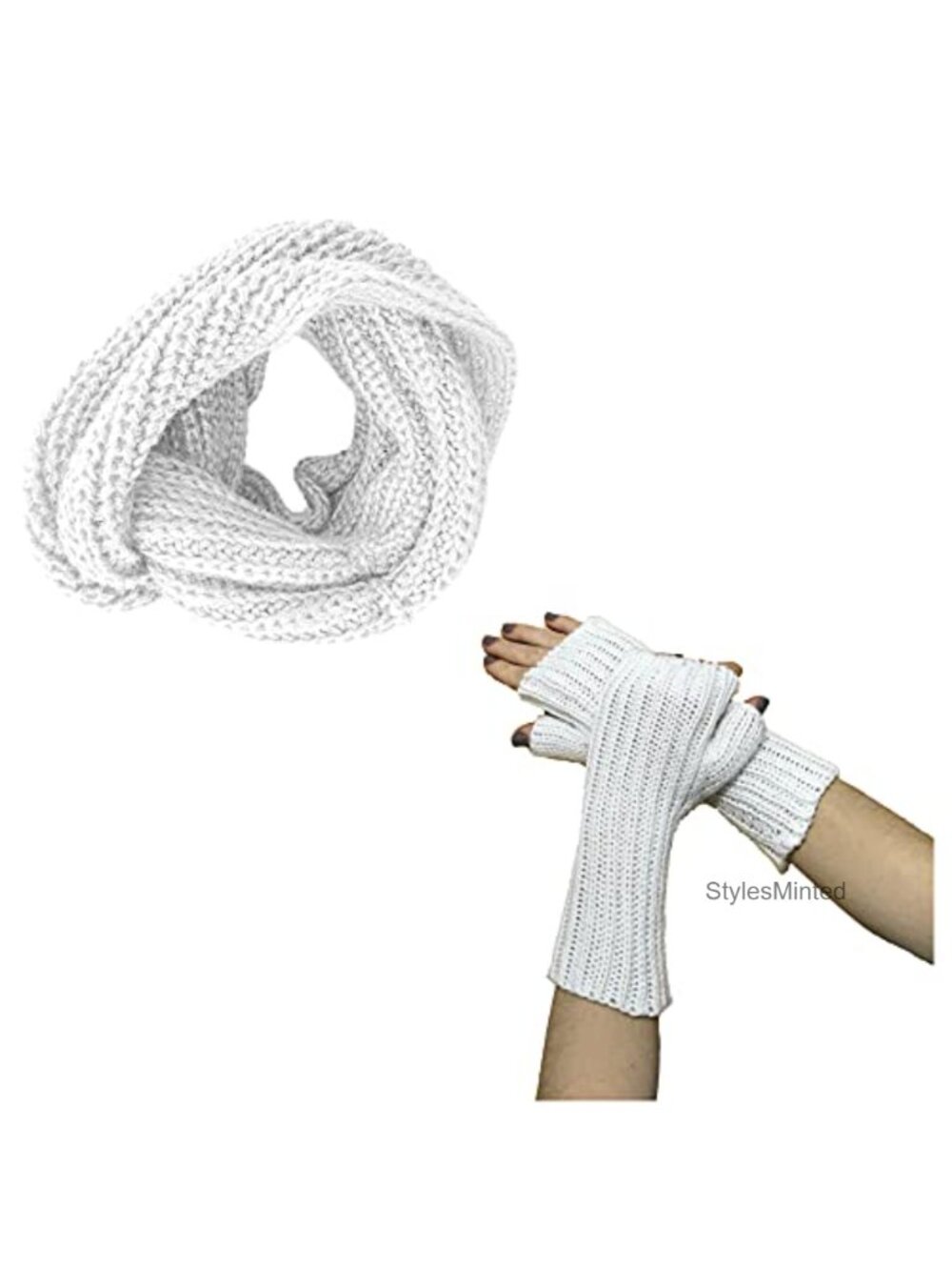 Alpaca Wool Knit Infinity Cowl Scarf and Mittens Set